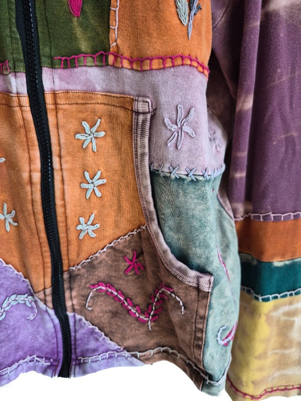 Made in Nepal Funky Unique Artsy Boho Patchwork Full Zip Hoodie Jacket Size XL - Picture 7 of 16